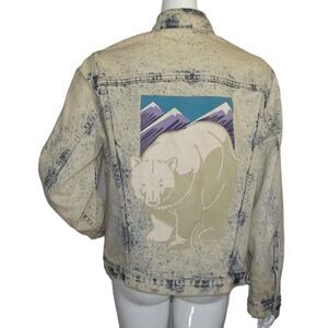 VINTAGE Acid Wash Denim Jacket, L, Polar Club/Bear, Blue, Buttons, Cotton Jean